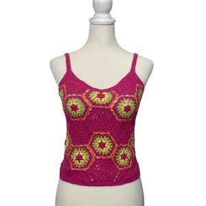 Urban Oasis Crochet Tank Top Boho Granny Square Festival Cottagecore Size Small